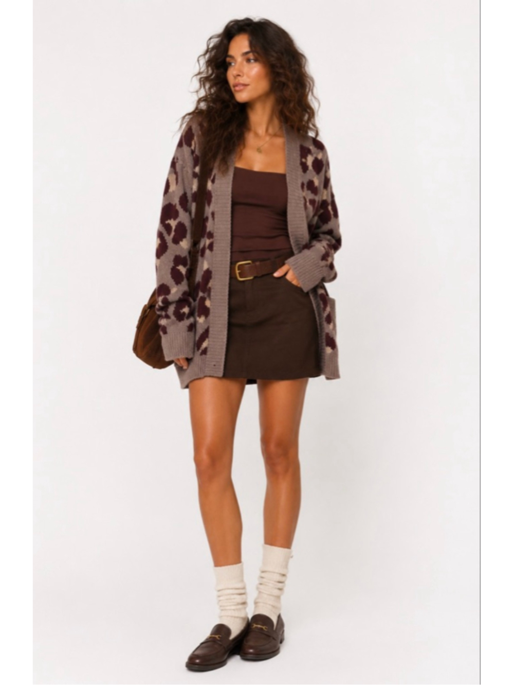 Women's GeeGee Brown Burgundy Leopard Print Cardigan Sweater S